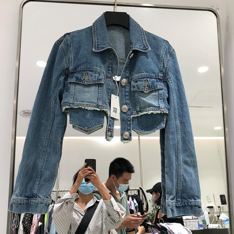 Jiashucheng Áo Khoác Denim Ngắn Dáng Ôm Eo Cao Phong Cách Đường Phố Mỹ Thời Trang Xuân Thu Dành Cho Nữ