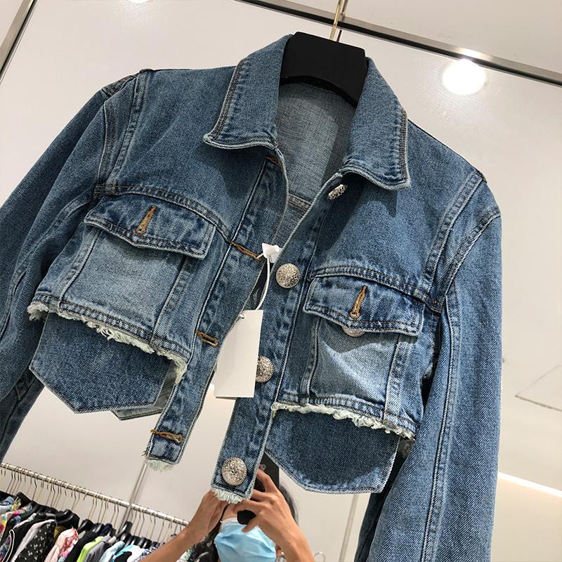 Jiashucheng Áo Khoác Denim Ngắn Dáng Ôm Eo Cao Phong Cách Đường Phố Mỹ Thời Trang Xuân Thu Dành Cho Nữ