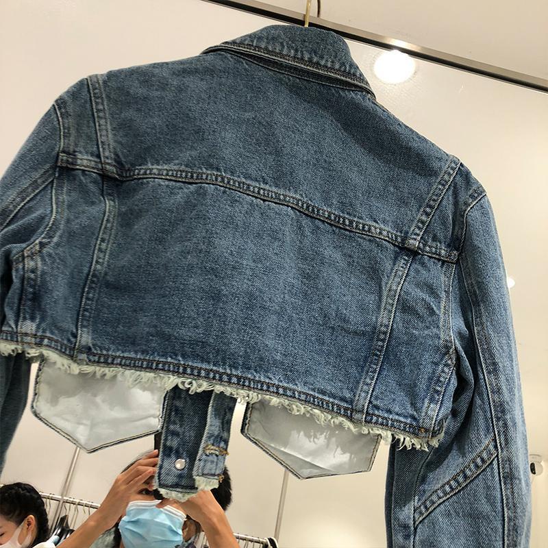 Jiashucheng Áo Khoác Denim Ngắn Dáng Ôm Eo Cao Phong Cách Đường Phố Mỹ Thời Trang Xuân Thu Dành Cho Nữ