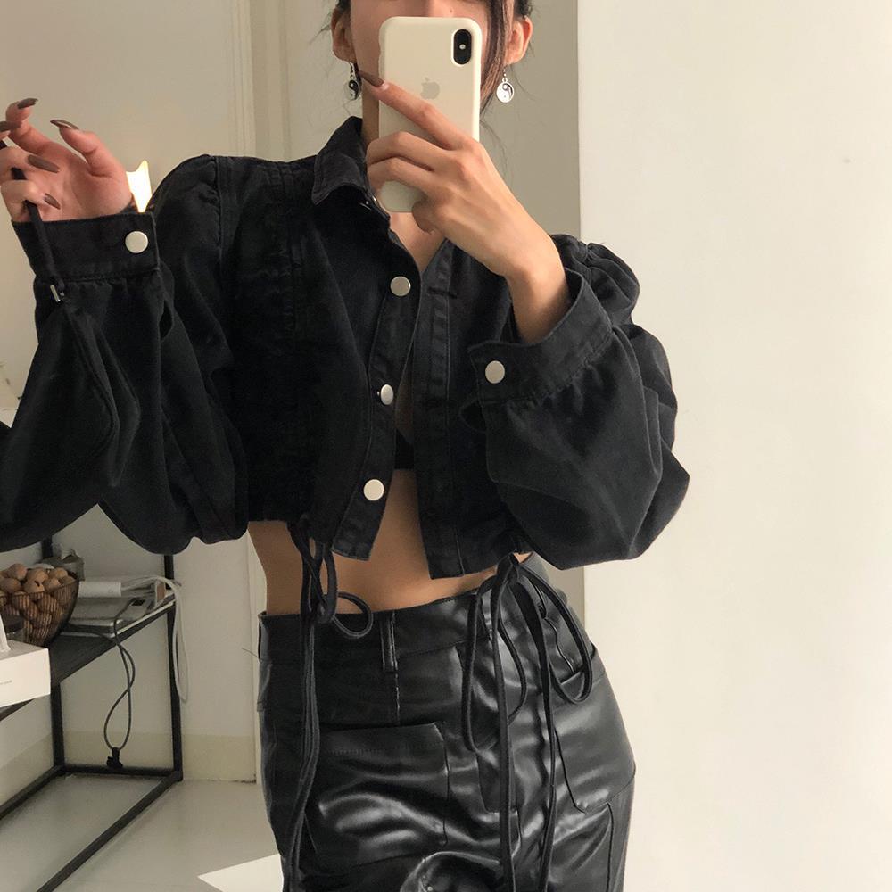 Jiashucheng Áo Khoác Denim Tay Phồng Ngắn Hở Rốn Thiết Kế Dây Rút Cổ Điển Millennium