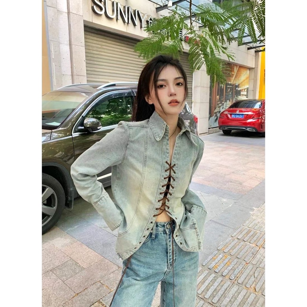 Jiashucheng Áo Sơ Mi Denim Dài Tay Thắt Dây Chéo Phong Cách Retro Dành Cho Nữ