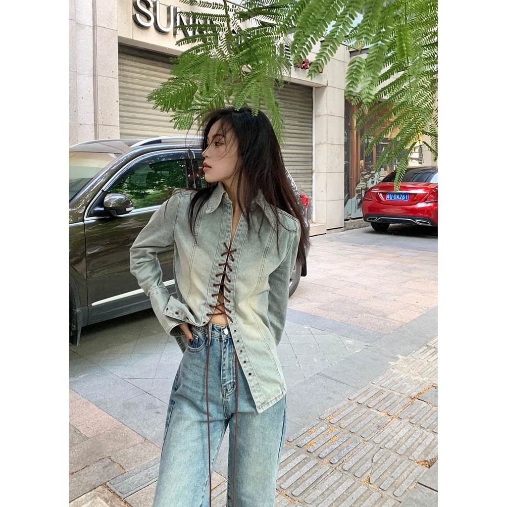 Jiashucheng Áo Sơ Mi Denim Dài Tay Thắt Dây Chéo Phong Cách Retro Dành Cho Nữ