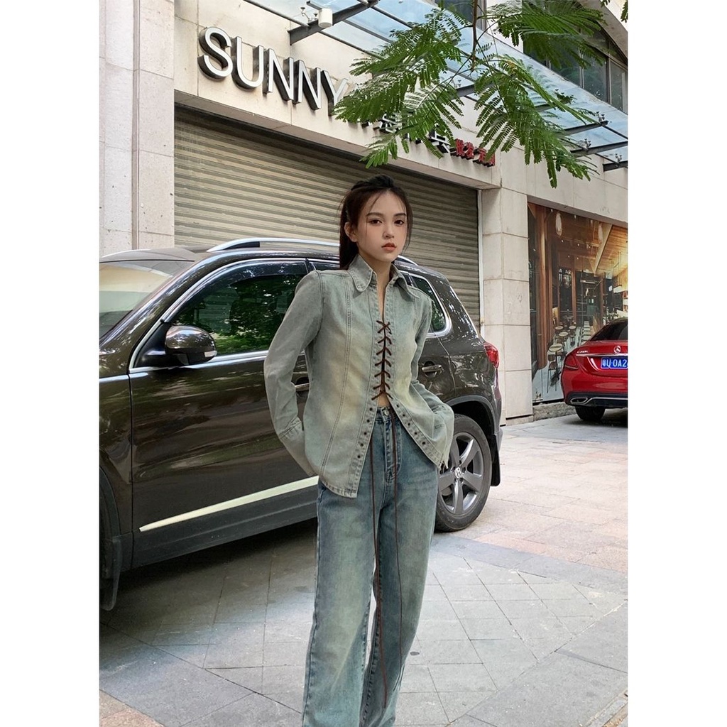Jiashucheng Áo Sơ Mi Denim Dài Tay Thắt Dây Chéo Phong Cách Retro Dành Cho Nữ