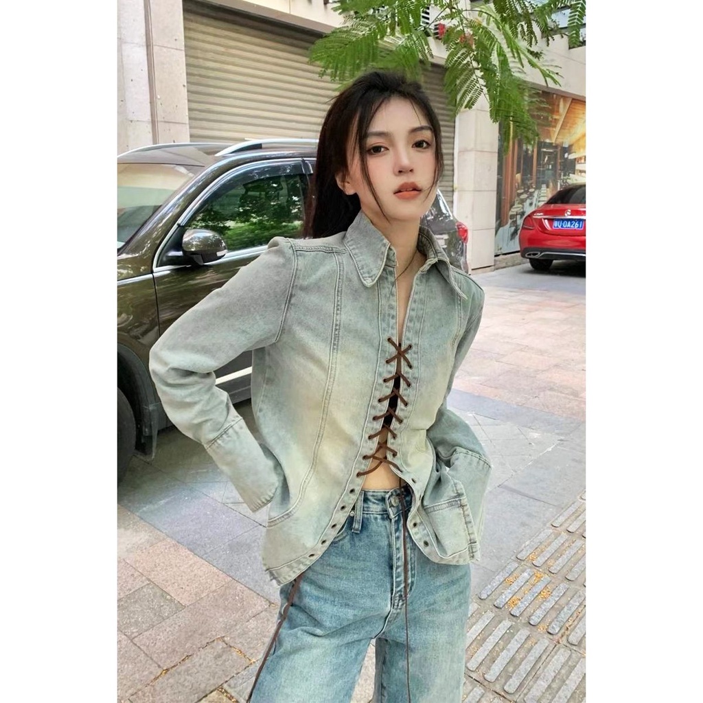 Jiashucheng Áo Sơ Mi Denim Dài Tay Thắt Dây Chéo Phong Cách Retro Dành Cho Nữ
