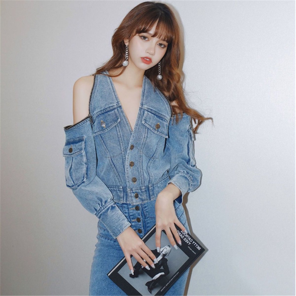 Jiashucheng Áo Khoác Denim Không Dây Phối Khóa Kéo Thời Trang Mùa Hè Mới Cho Nữ