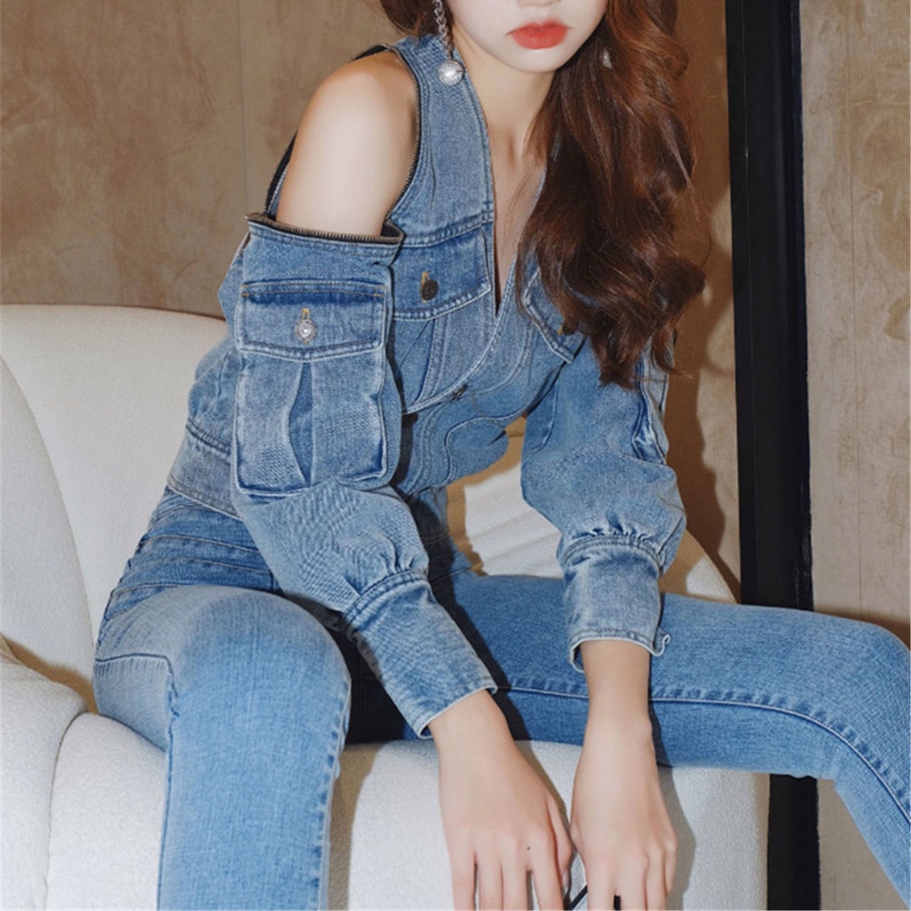 Jiashucheng Áo Khoác Denim Không Dây Phối Khóa Kéo Thời Trang Mùa Hè Mới Cho Nữ