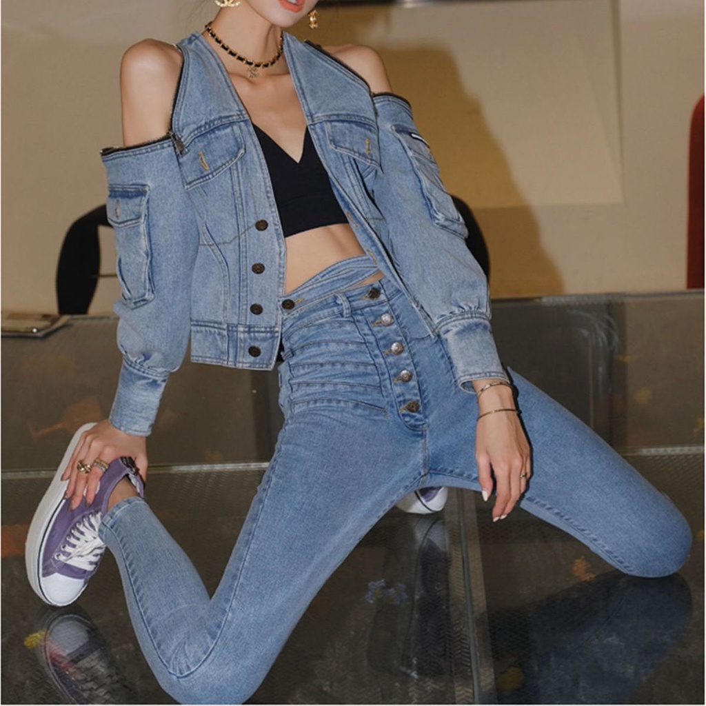 Jiashucheng Áo Khoác Denim Không Dây Phối Khóa Kéo Thời Trang Mùa Hè Mới Cho Nữ