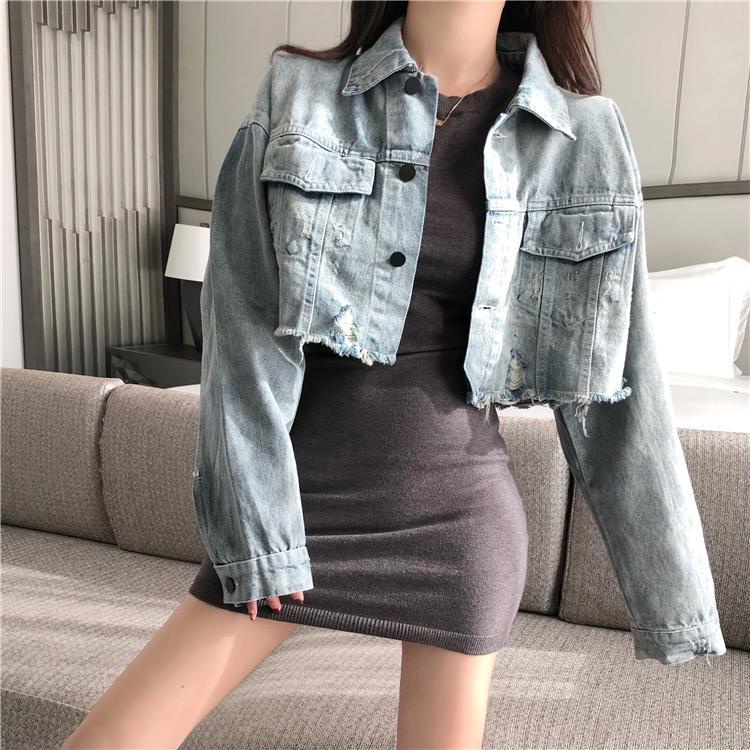 Jiashucheng Influencer Áo Khoác Denim Ngắn Tay Dài Dáng Rộng Rách Thiết Kế Không Đều Mùa Thu Cho Nữ