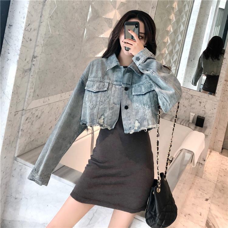 Jiashucheng Influencer Áo Khoác Denim Ngắn Tay Dài Dáng Rộng Rách Thiết Kế Không Đều Mùa Thu Cho Nữ