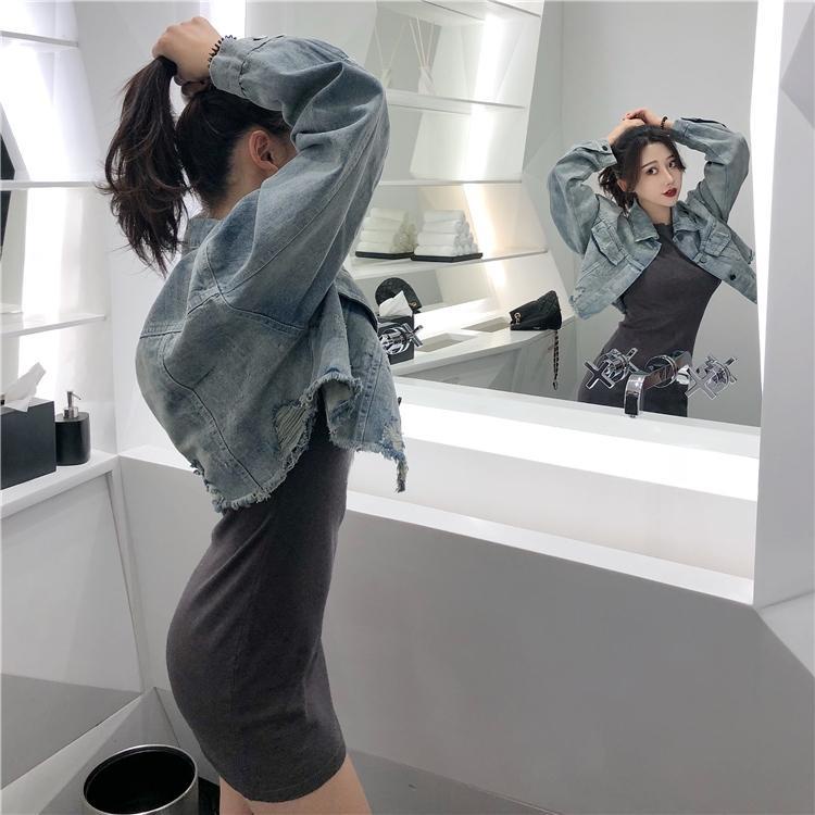 Jiashucheng Influencer Áo Khoác Denim Ngắn Tay Dài Dáng Rộng Rách Thiết Kế Không Đều Mùa Thu Cho Nữ