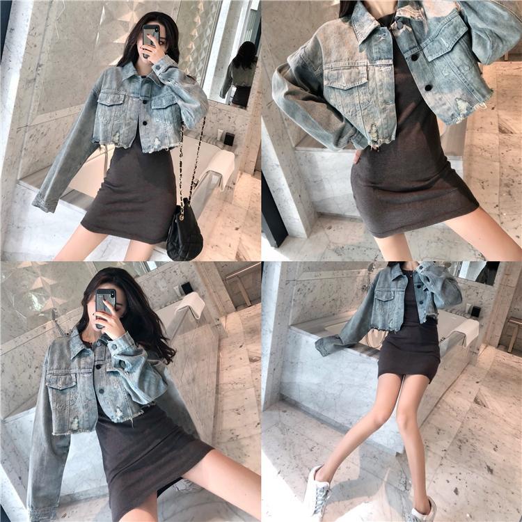 Jiashucheng Influencer Áo Khoác Denim Ngắn Tay Dài Dáng Rộng Rách Thiết Kế Không Đều Mùa Thu Cho Nữ