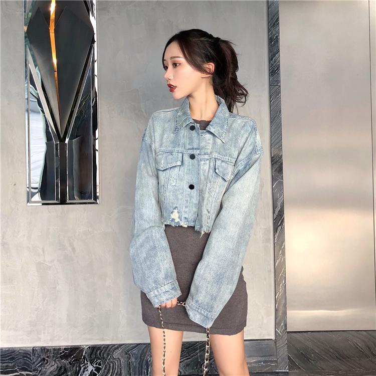 Jiashucheng Influencer Áo Khoác Denim Ngắn Tay Dài Dáng Rộng Rách Thiết Kế Không Đều Mùa Thu Cho Nữ