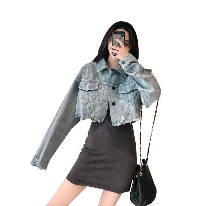 Jiashucheng Influencer Áo Khoác Denim Ngắn Tay Dài Dáng Rộng Rách Thiết Kế Không Đều Mùa Thu Cho Nữ