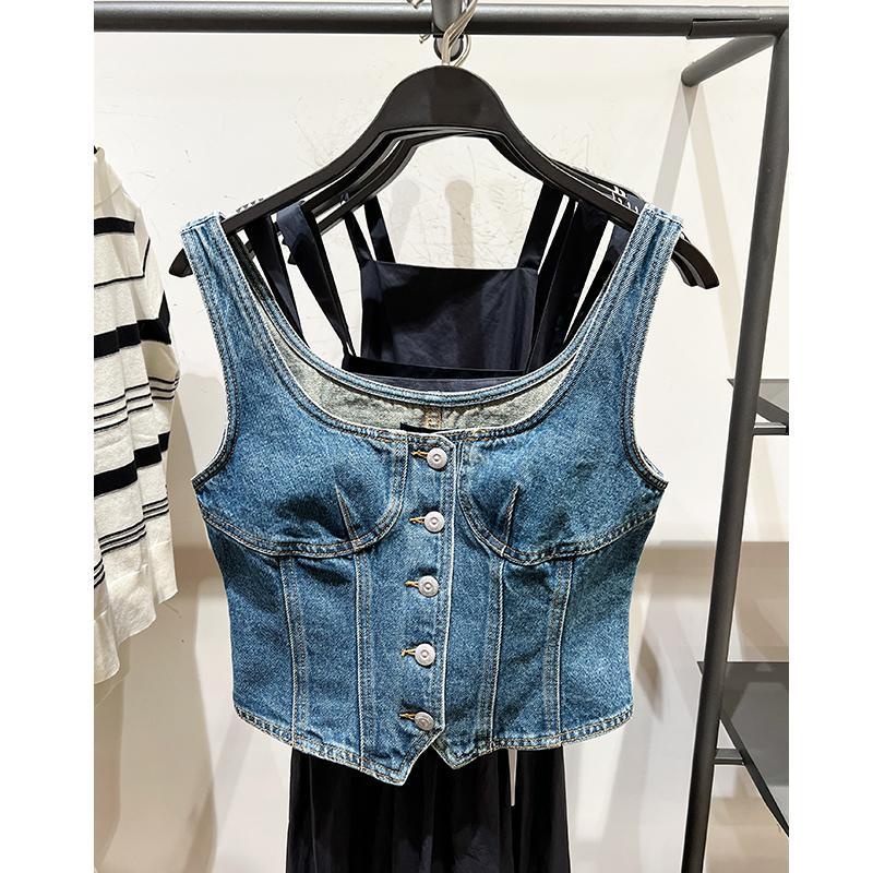 Jiashucheng Áo Denim Không Tay Hở Đường Viền Màu Xanh Dương Phong Cách Mỹ Mùa Hè Mới Dễ Phối Đồ Cho Nữ