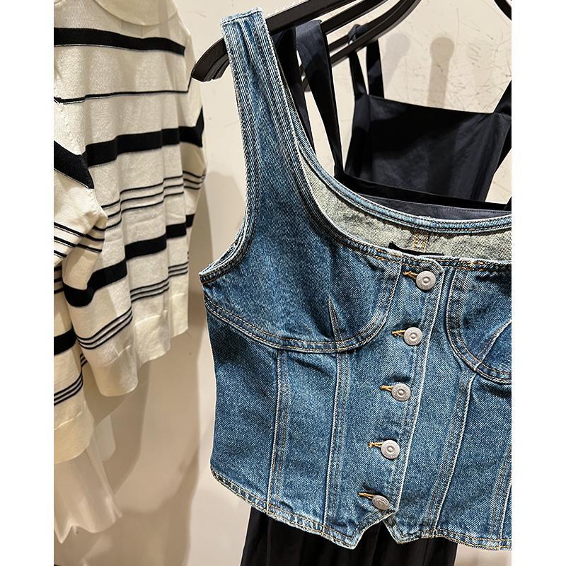 Jiashucheng Áo Denim Không Tay Hở Đường Viền Màu Xanh Dương Phong Cách Mỹ Mùa Hè Mới Dễ Phối Đồ Cho Nữ