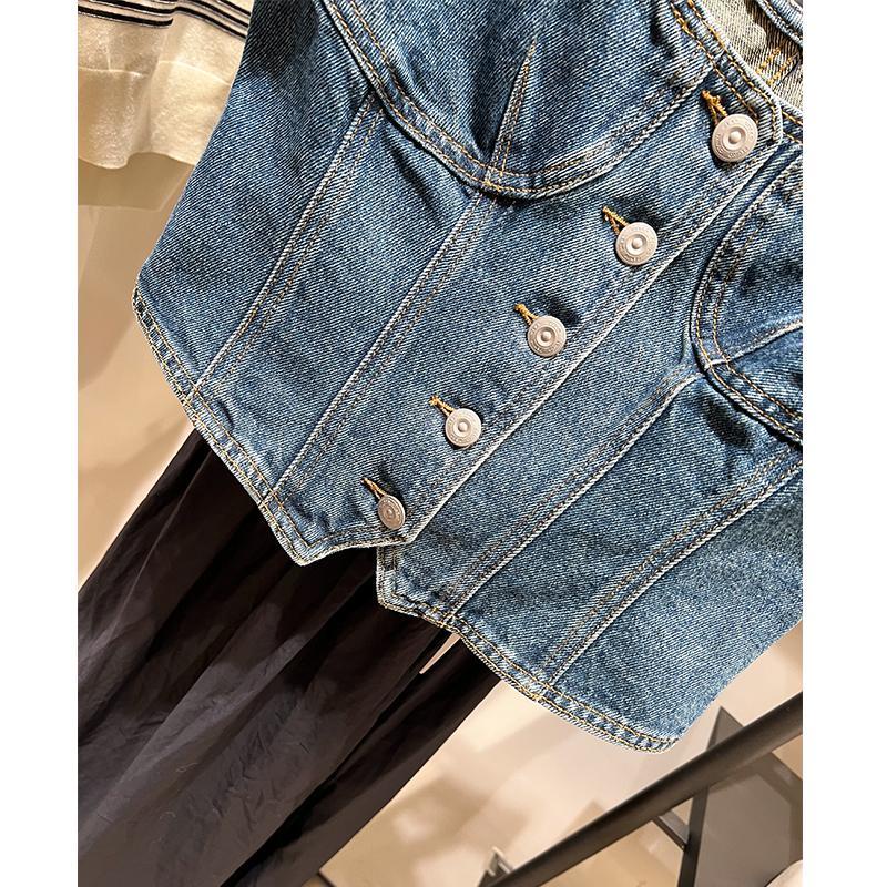 Jiashucheng Áo Denim Không Tay Hở Đường Viền Màu Xanh Dương Phong Cách Mỹ Mùa Hè Mới Dễ Phối Đồ Cho Nữ