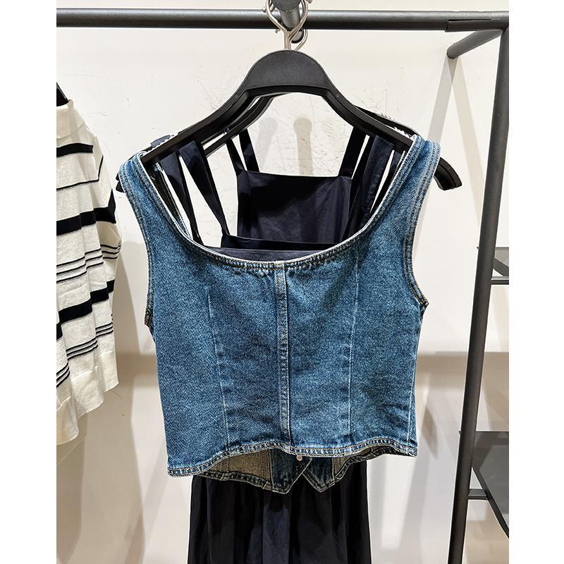 Jiashucheng Áo Denim Không Tay Hở Đường Viền Màu Xanh Dương Phong Cách Mỹ Mùa Hè Mới Dễ Phối Đồ Cho Nữ