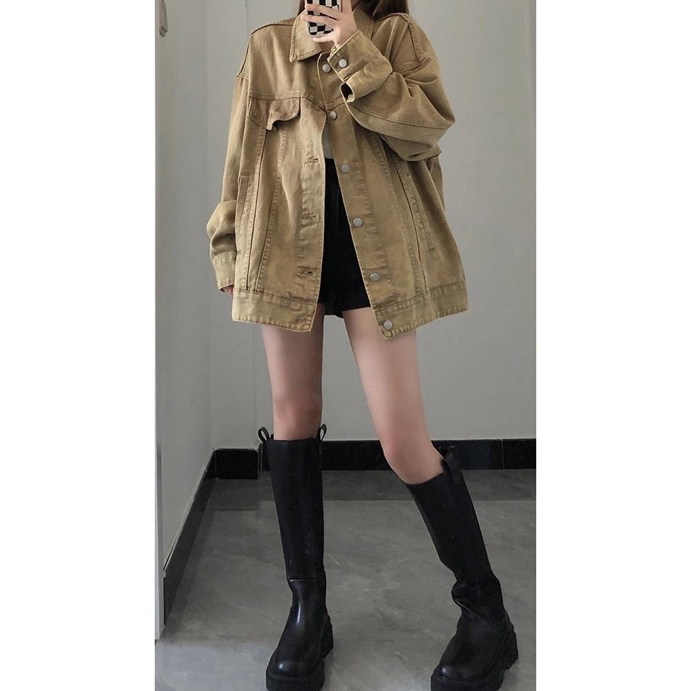 Áo Khoác Denim Màu Nâu Kiểu Retro Mỹ Thời Trang Xuân Thu Cho Nữ