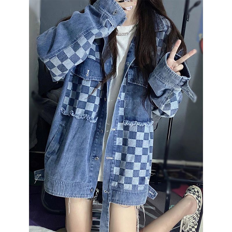 Jiashucheng Áo Khoác Denim Dáng Rộng Ghép Nối Màu Muối Mát Mẻ Phong Cách Retro Cho Nữ