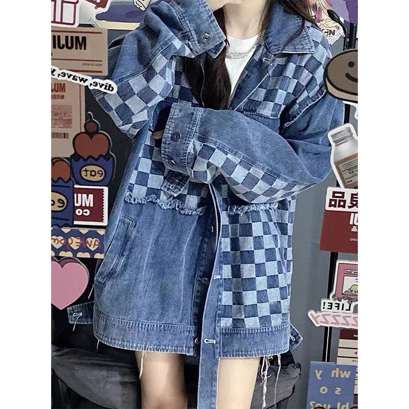 Jiashucheng Áo Khoác Denim Dáng Rộng Ghép Nối Màu Muối Mát Mẻ Phong Cách Retro Cho Nữ