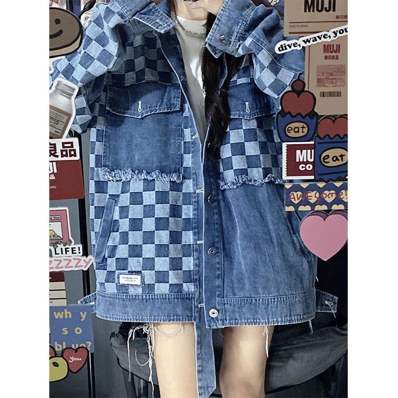 Jiashucheng Áo Khoác Denim Dáng Rộng Ghép Nối Màu Muối Mát Mẻ Phong Cách Retro Cho Nữ