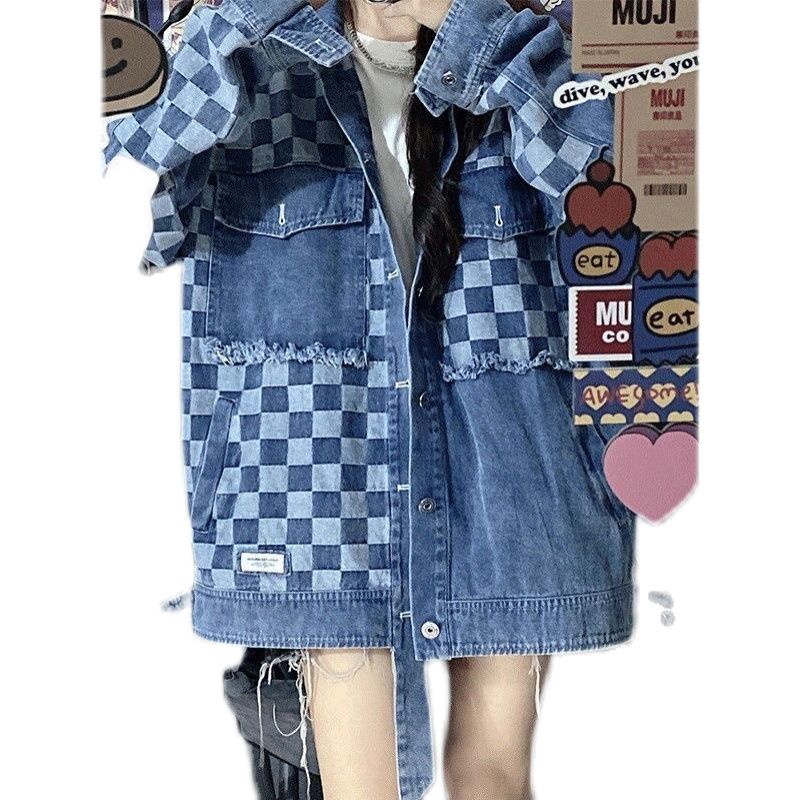 Jiashucheng Áo Khoác Denim Dáng Rộng Ghép Nối Màu Muối Mát Mẻ Phong Cách Retro Cho Nữ