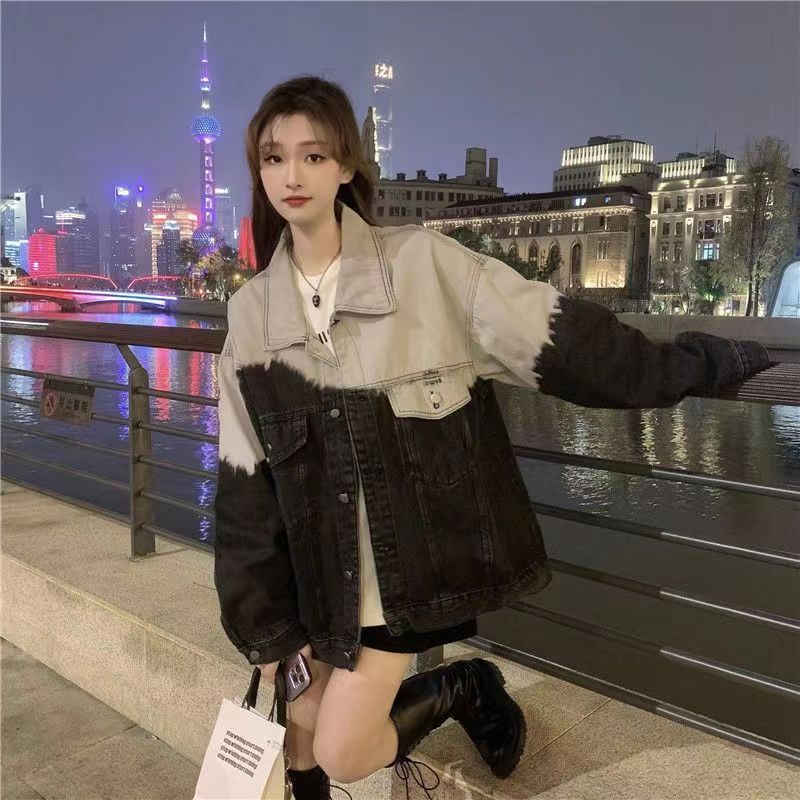 Jiashucheng Áo Khoác Denim Màu Gradient Dáng Rộng Phong Cách Hàn Quốc Thời Trang Xuân Thu Mới Cho Nữ