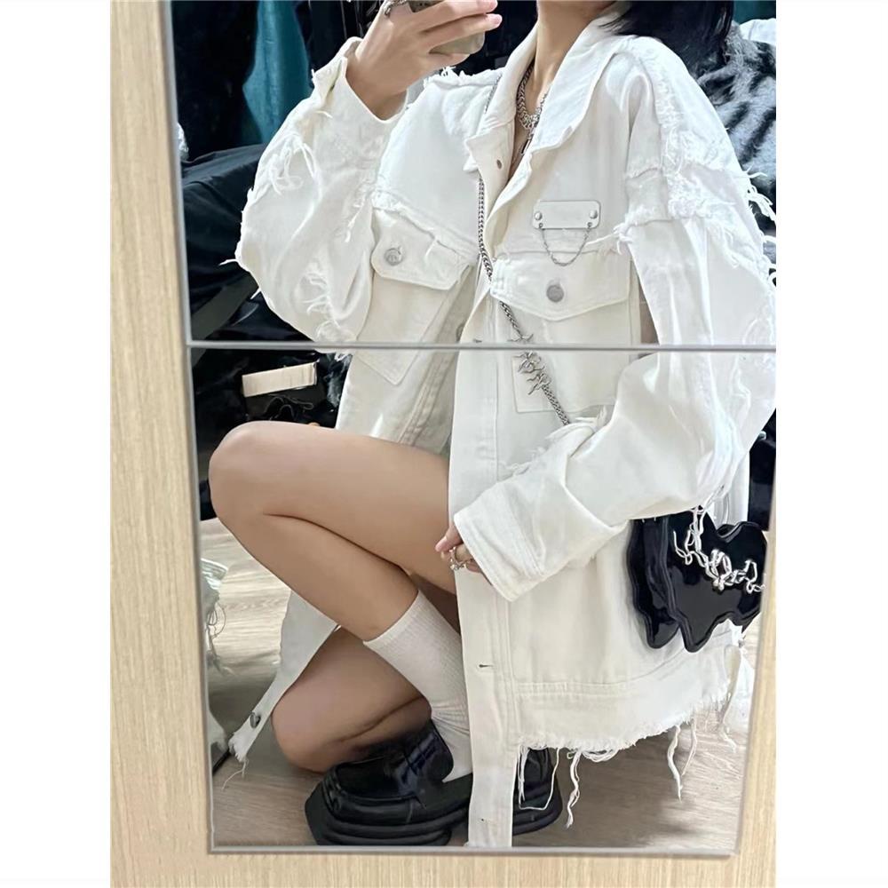 Jiashucheng Áo Khoác Denim Thương Hiệu Màu Trắng Phong Cách Retro Mùa Xuân Dáng Rộng Sờn