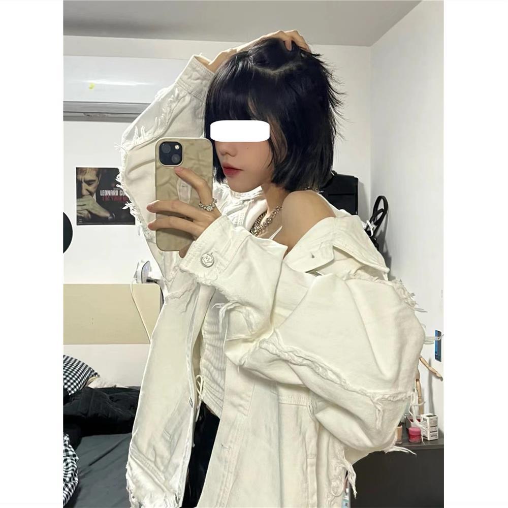 Jiashucheng Áo Khoác Denim Thương Hiệu Màu Trắng Phong Cách Retro Mùa Xuân Dáng Rộng Sờn