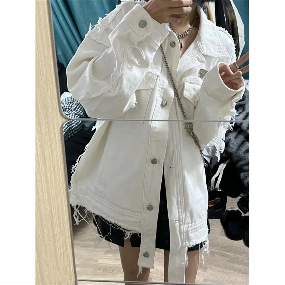 Jiashucheng Áo Khoác Denim Thương Hiệu Màu Trắng Phong Cách Retro Mùa Xuân Dáng Rộng Sờn