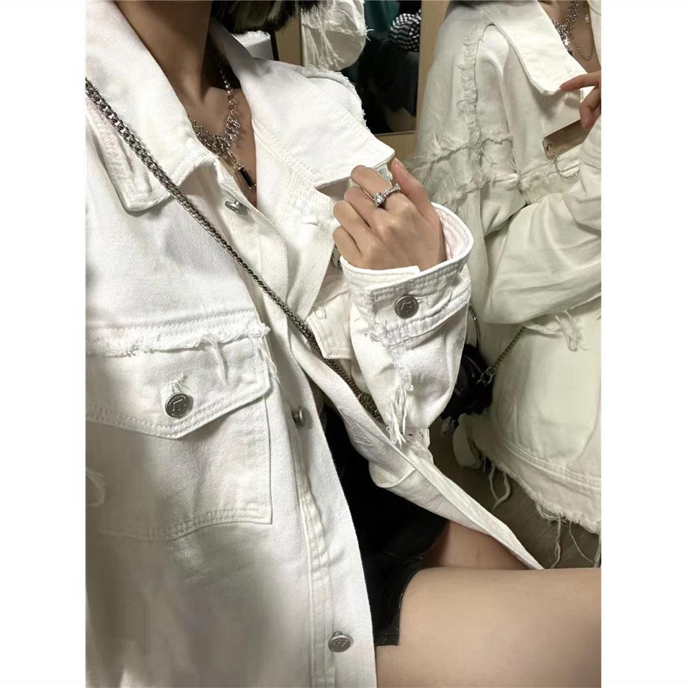 Jiashucheng Áo Khoác Denim Thương Hiệu Màu Trắng Phong Cách Retro Mùa Xuân Dáng Rộng Sờn