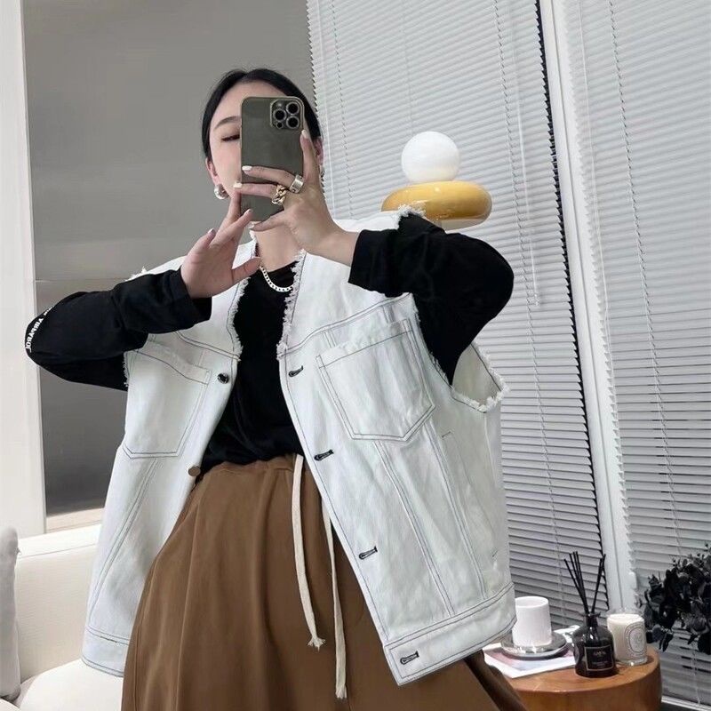 Jiashucheng Áo Denim Không Tay Dáng Rộng Nhiều Lớp Phong Cách Châu Âu Mùa Hè Mới Cho Nữ Niche