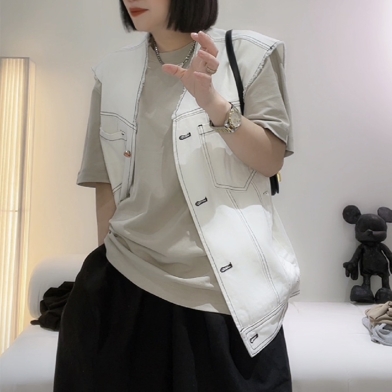 Jiashucheng Áo Denim Không Tay Dáng Rộng Nhiều Lớp Phong Cách Châu Âu Mùa Hè Mới Cho Nữ Niche