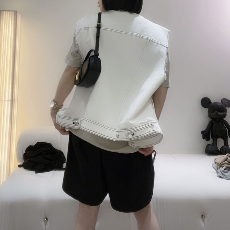 Jiashucheng Áo Denim Không Tay Dáng Rộng Nhiều Lớp Phong Cách Châu Âu Mùa Hè Mới Cho Nữ Niche