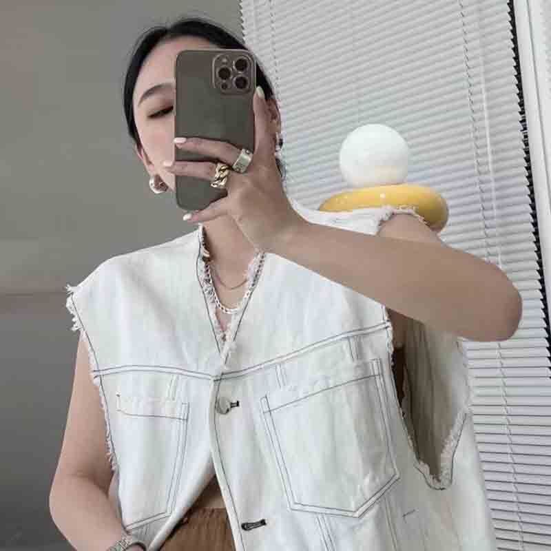 Jiashucheng Áo Denim Không Tay Dáng Rộng Nhiều Lớp Phong Cách Châu Âu Mùa Hè Mới Cho Nữ Niche