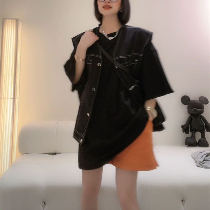 Jiashucheng Áo Denim Không Tay Dáng Rộng Nhiều Lớp Phong Cách Châu Âu Mùa Hè Mới Cho Nữ Niche