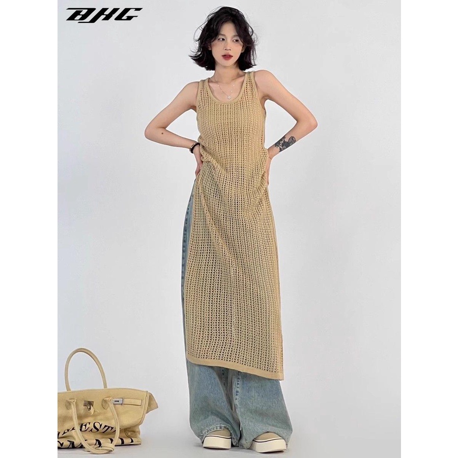 Đầm midi BJHG WAVW dệt kim mỏng sát nách thiết kế giả nhiều lớp thời trang mùa hè cho nữ