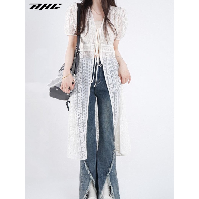 Áo khoác cardigan BJHG WAVW dệt kim mỏng dáng rộng cổ chữ V tay phồng thời trang mùa hè 2023 phong cách mới