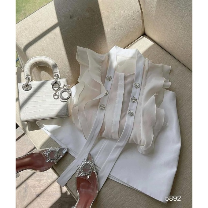 Sét Áo Viền Bèo Phối Dây Đính Đá + Chân Váy - D0757 Dạo Phố, Dự Tiệc VSV Clothing