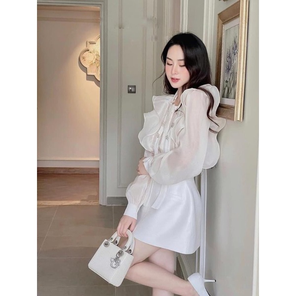 Sét Áo Viền Bèo Phối Dây Đính Đá + Chân Váy - D0757 Dạo Phố, Dự Tiệc VSV Clothing