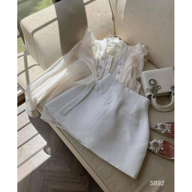 Sét Áo Viền Bèo Phối Dây Đính Đá + Chân Váy - D0757 Dạo Phố, Dự Tiệc VSV Clothing