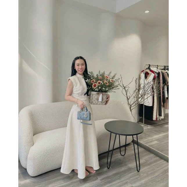 Set áo sơ mi cổ trụ chân váy midi