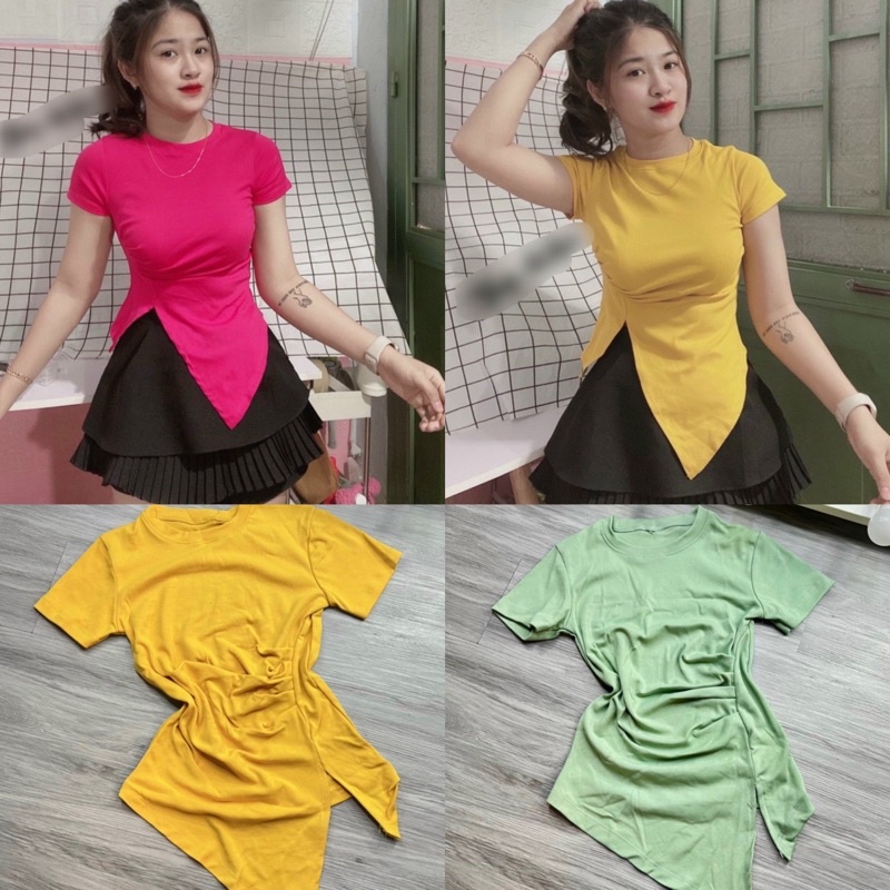 Áo Thun Tay Ngắn Kiểu Xẻ Tà Nhún Eo, Kiểu dáng thời Trang Hiện Đại, Chất Thun Borip dày dặn co giãn tốt.