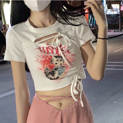 Jiashucheng Salt Series Áo Thun Ngắn Tay Ôm Dáng Phối Dây Rút Rỗng In Họa Tiết Cô Gái Nóng Bỏng Có Dây Rút Cho Nữ