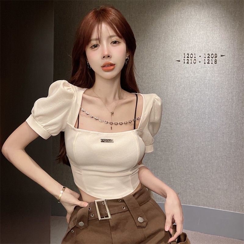 Áo Thun Lửng Tay Ngắn Cổ Vuông Phối Dây Xích Thời Trang Mùa Hè Quyến Rũ Cho Nữ