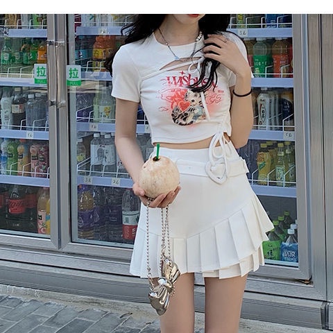 Jiashucheng Salt Series Áo Thun Ngắn Tay Ôm Dáng Phối Dây Rút Rỗng In Họa Tiết Cô Gái Nóng Bỏng Có Dây Rút Cho Nữ