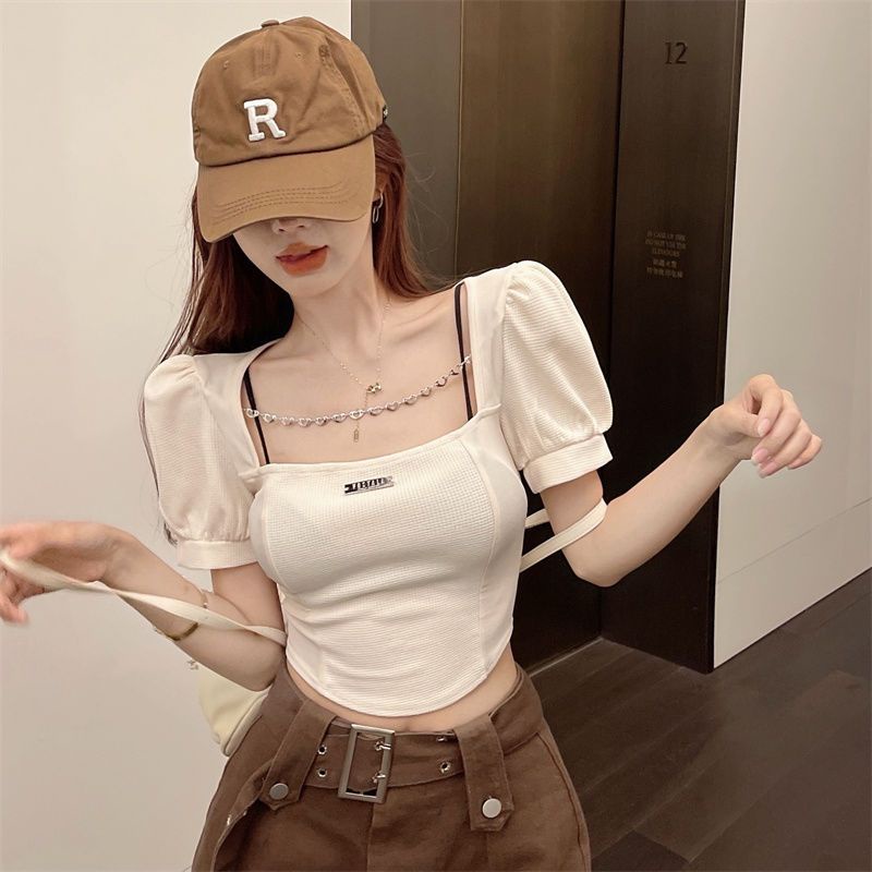 Áo Thun Lửng Tay Ngắn Cổ Vuông Phối Dây Xích Thời Trang Mùa Hè Quyến Rũ Cho Nữ