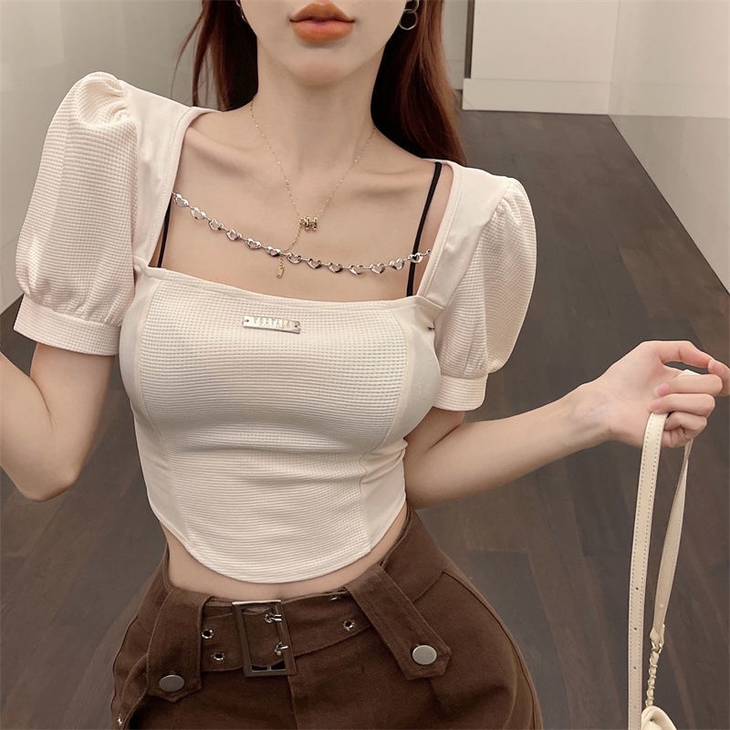 Áo Thun Lửng Tay Ngắn Cổ Vuông Phối Dây Xích Thời Trang Mùa Hè Quyến Rũ Cho Nữ