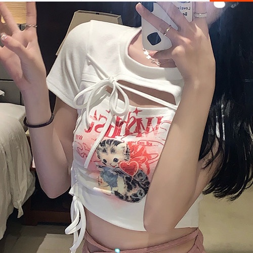 Jiashucheng Salt Series Áo Thun Ngắn Tay Ôm Dáng Phối Dây Rút Rỗng In Họa Tiết Cô Gái Nóng Bỏng Có Dây Rút Cho Nữ