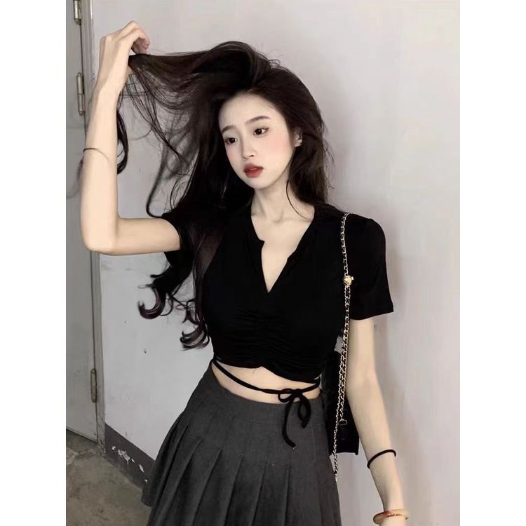 Áo Thun Nữ Ngắn Tay Cổ Chữ v Lưng Cao Dây Rút Thời Trang